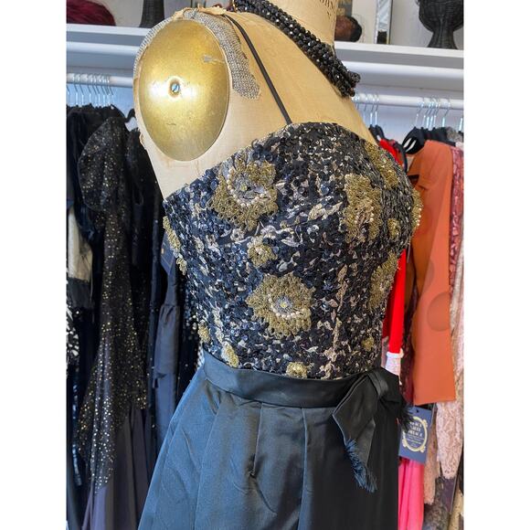 vintage 1960s black silk beaded maxi dress 60s formal gown metallic eyelash xs - Picture 4 of 10